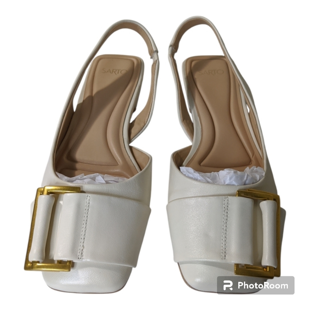 SARTO Franco Sarto A Tracy Off-White Slingback Flats Gold Buckle 8M *READ*